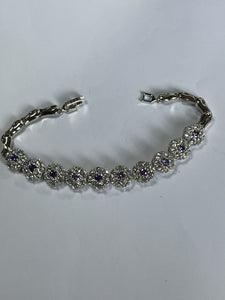 Vintage Rhodium Plated Purple Clear Diamanté Flowers Bracelet New Old Stock