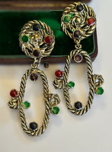 Vintage Silver Tone Statement Red Green Black Enamel Drop Earrings