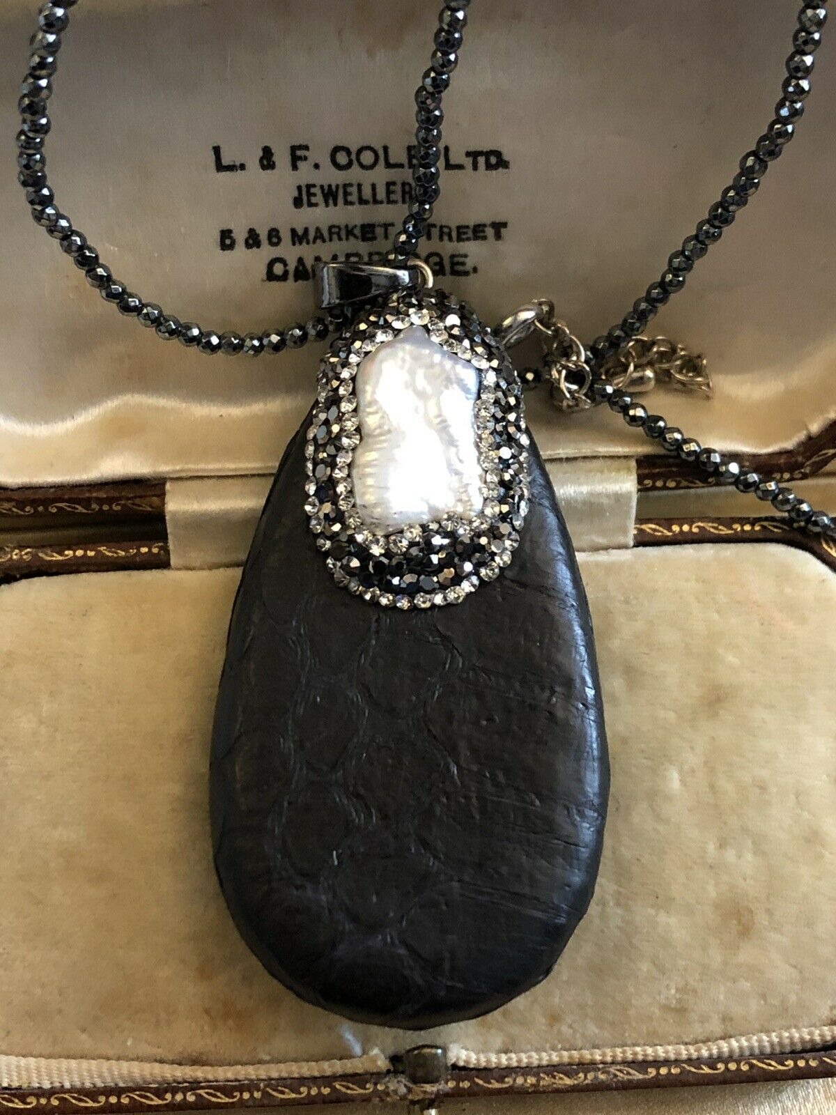 Vintage Gunmetal Grey Diamanté Baroque Pearl Necklace