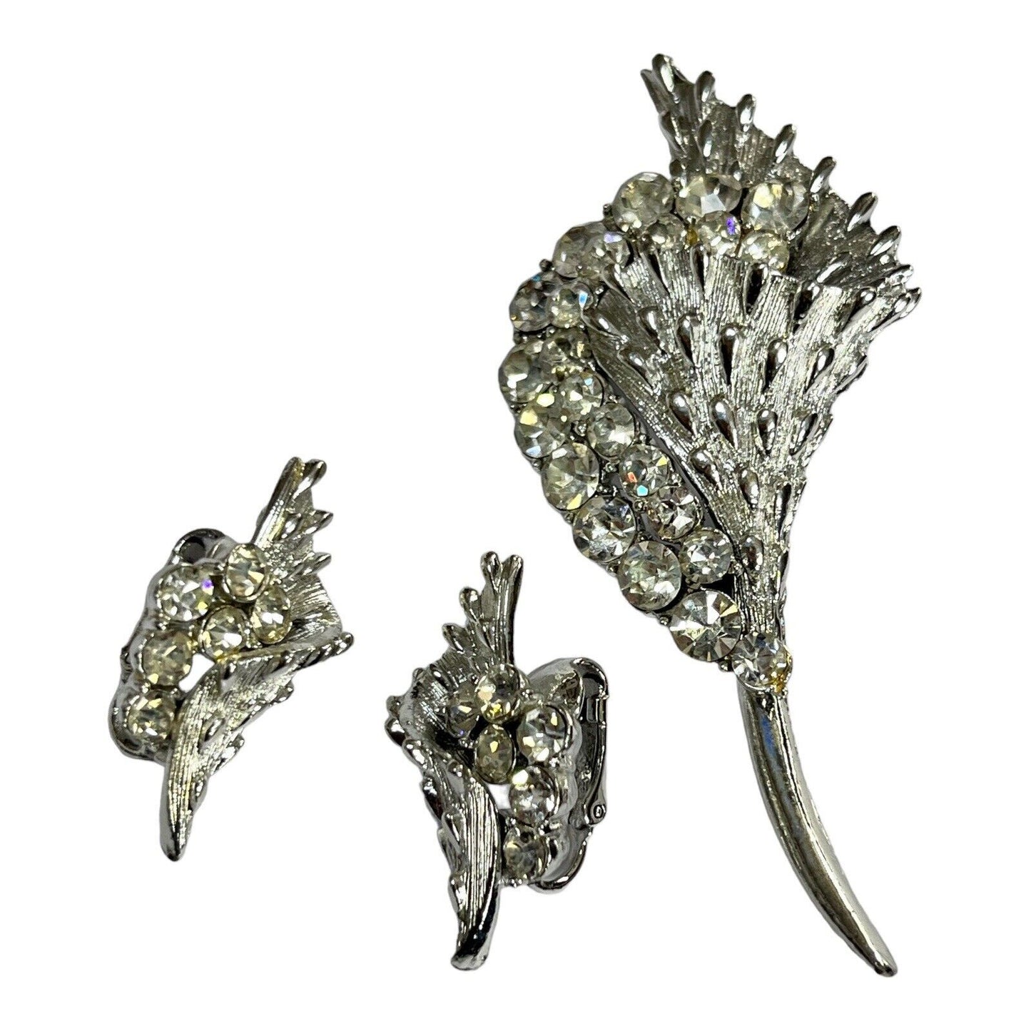 Vintage Signed Coro Silver Tone Diamanté Brooch And Clip On Earring Set
