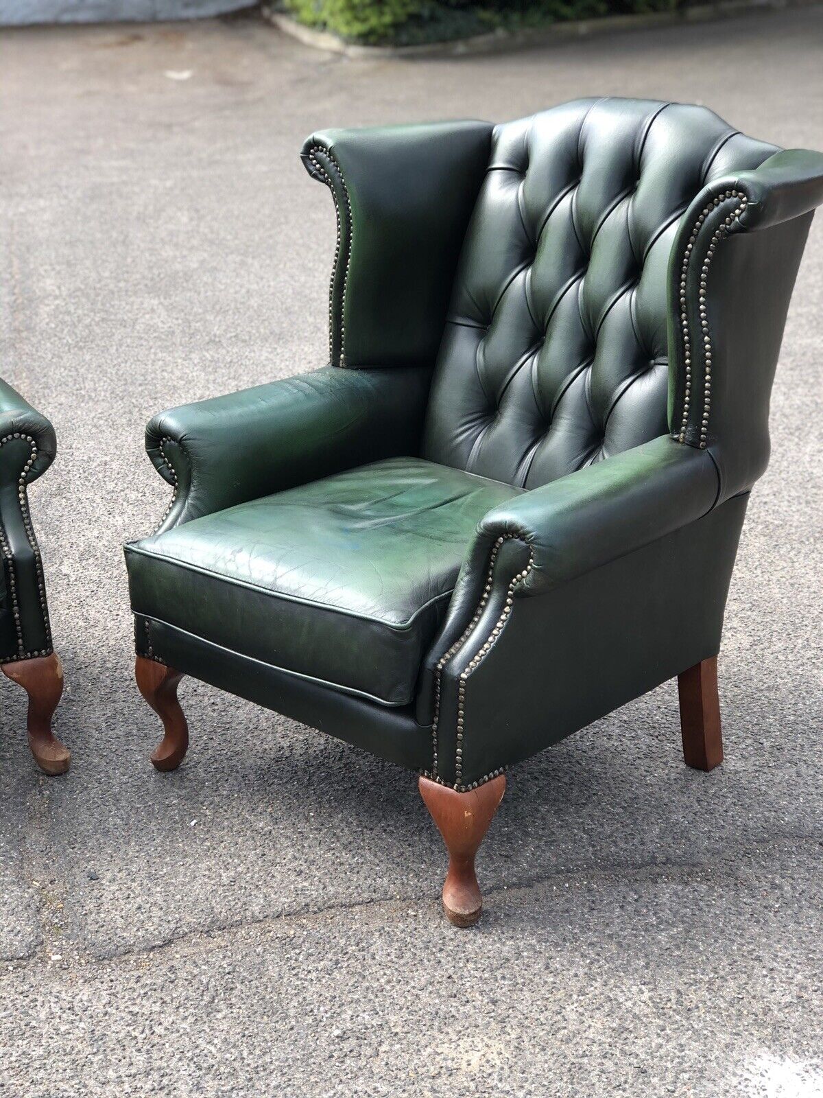 Pair Of Green Leather Armchairs. Good Quality, Buttoned Back, Impressive