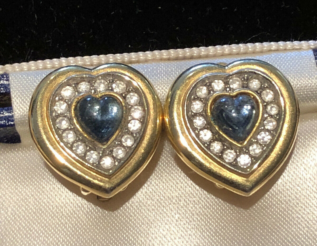 Vintage 1980s Gold Tone Blue Heart Clip On Earrings