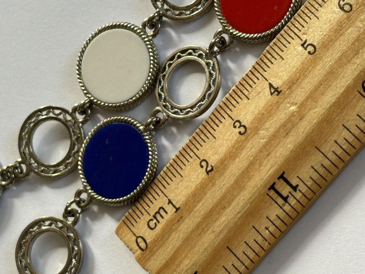 Vintage Silver Tone Red White Blue Enamel Disk Long Length Necklace