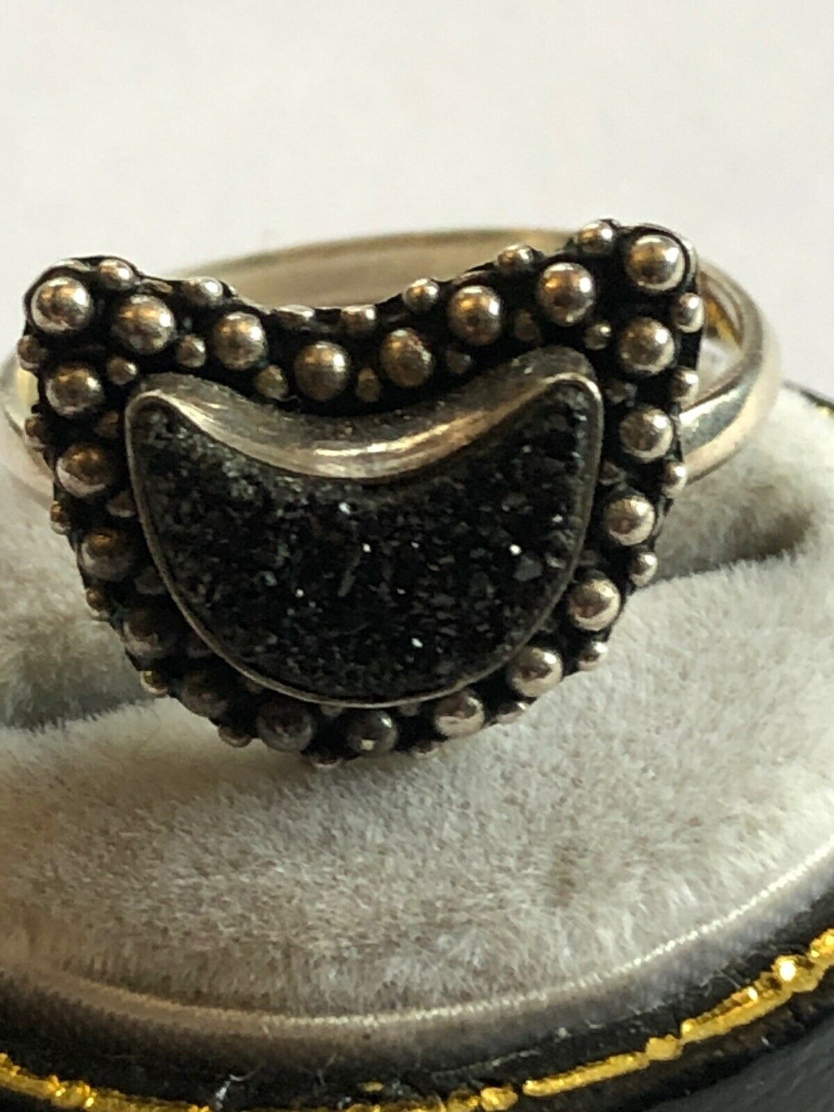 Vintage Sterling Silver Black Diamond Chip Half Moon Ring Size O