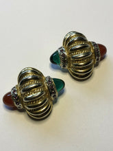 Vintage Gold Tone Green Red Cabochon Purple Diamanté Statement Clip On Earrings