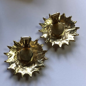 Vintage Sunburst Diamanté Gold Tone Leather Bracelet Clip On Earring Set