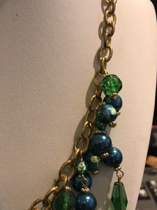 Vintage Gold Tone Chain Green Beaded Necklace
