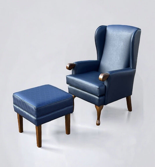 Blue Leather Armchair & Matching Foot Stool.