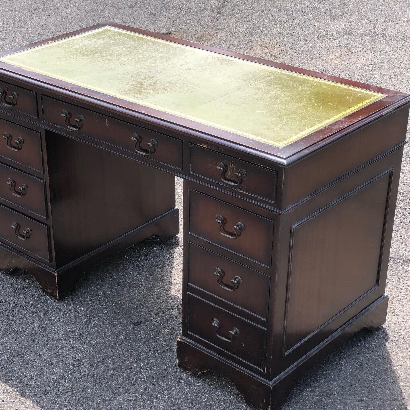 Mahogany Pedestal Desk With Green Leather Top.