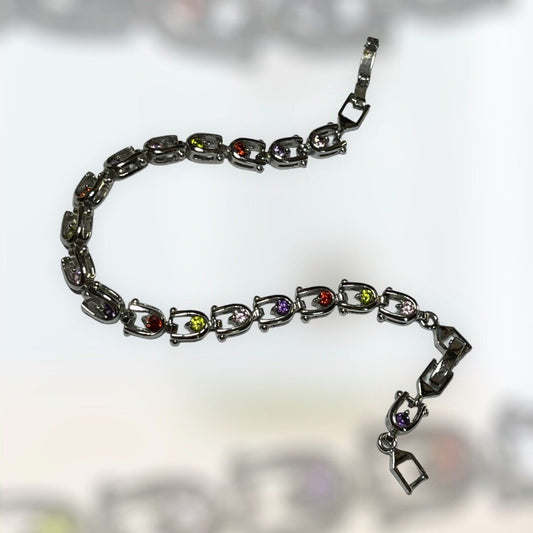 Vintage Silver Tone Multicoloured Diamanté Adjustable Tennis Bracelet