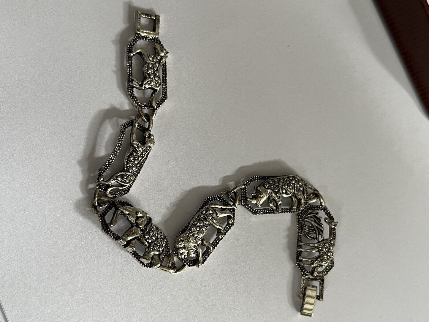 Vintage Silver Tone Marcasite Animals Elephant Lion Leopard Bracelet