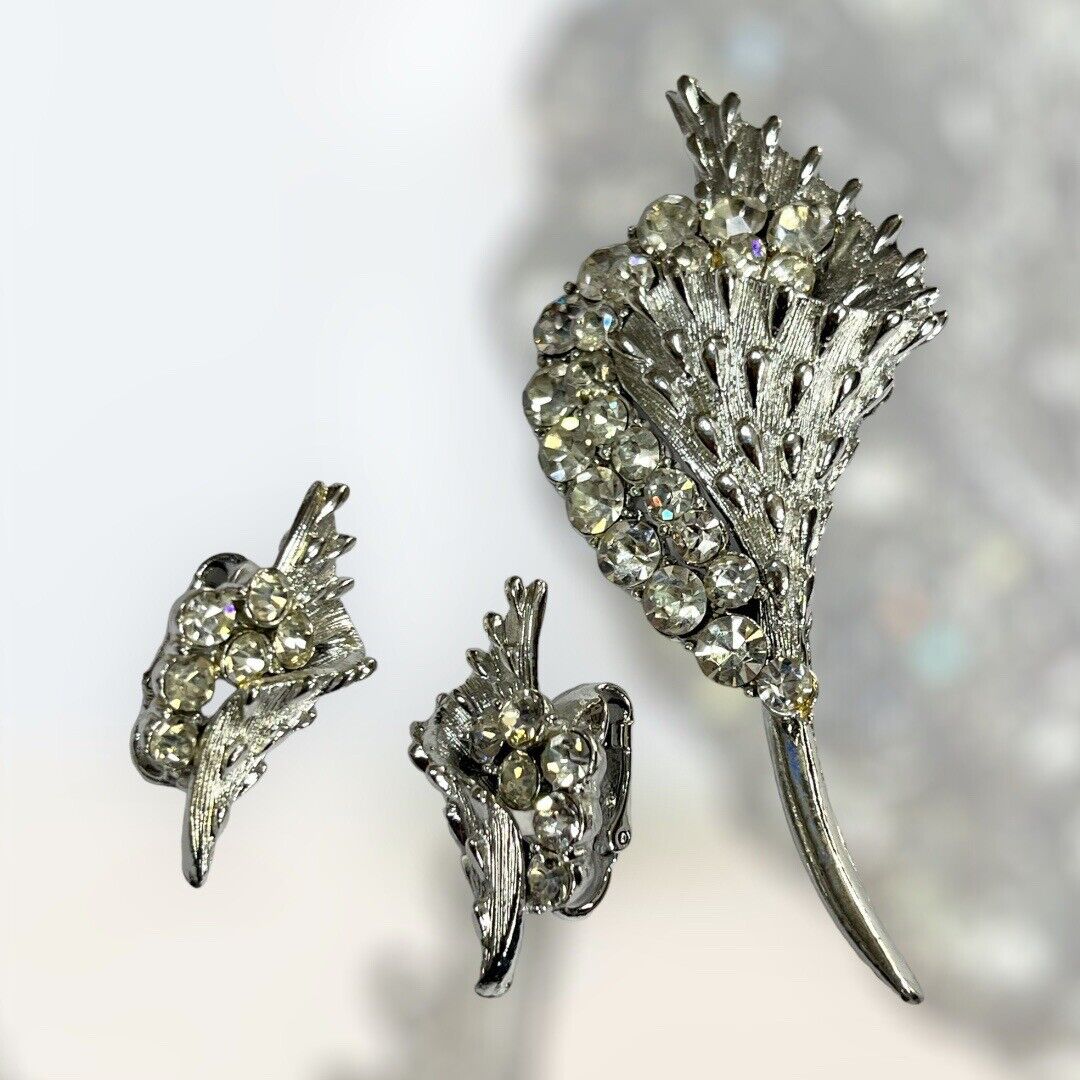 Vintage Signed Coro Silver Tone Diamanté Brooch And Clip On Earring Set