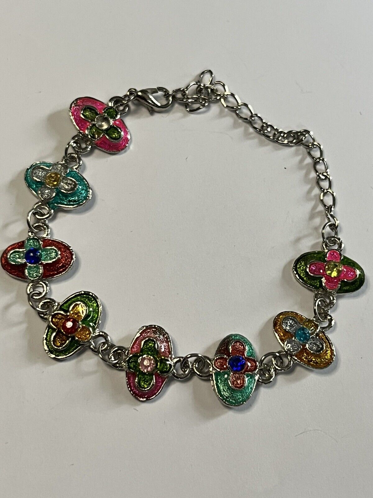 Vintage Silver Tone Enamel Multicoloured Flowers Bracelet