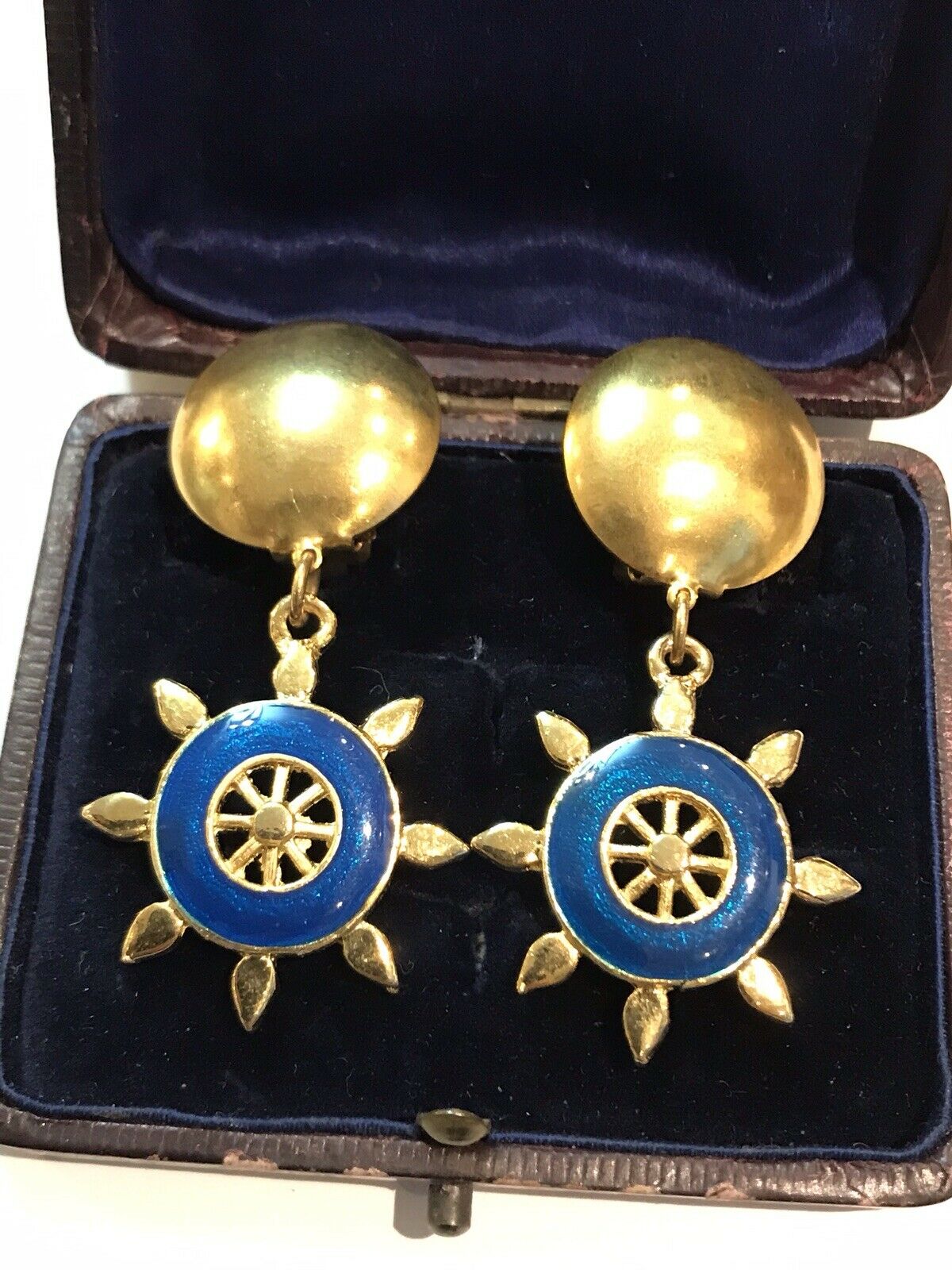 Vintage Gold Tone Nautical Blue Enamel Clip On Earrings