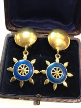 Vintage Gold Tone Nautical Blue Enamel Clip On Earrings