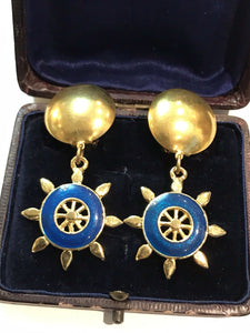 Vintage Gold Tone Nautical Blue Enamel Clip On Earrings