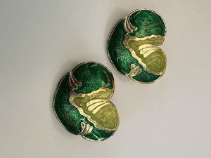 Vintage Gold Tone Green Enamel Statement Earrings