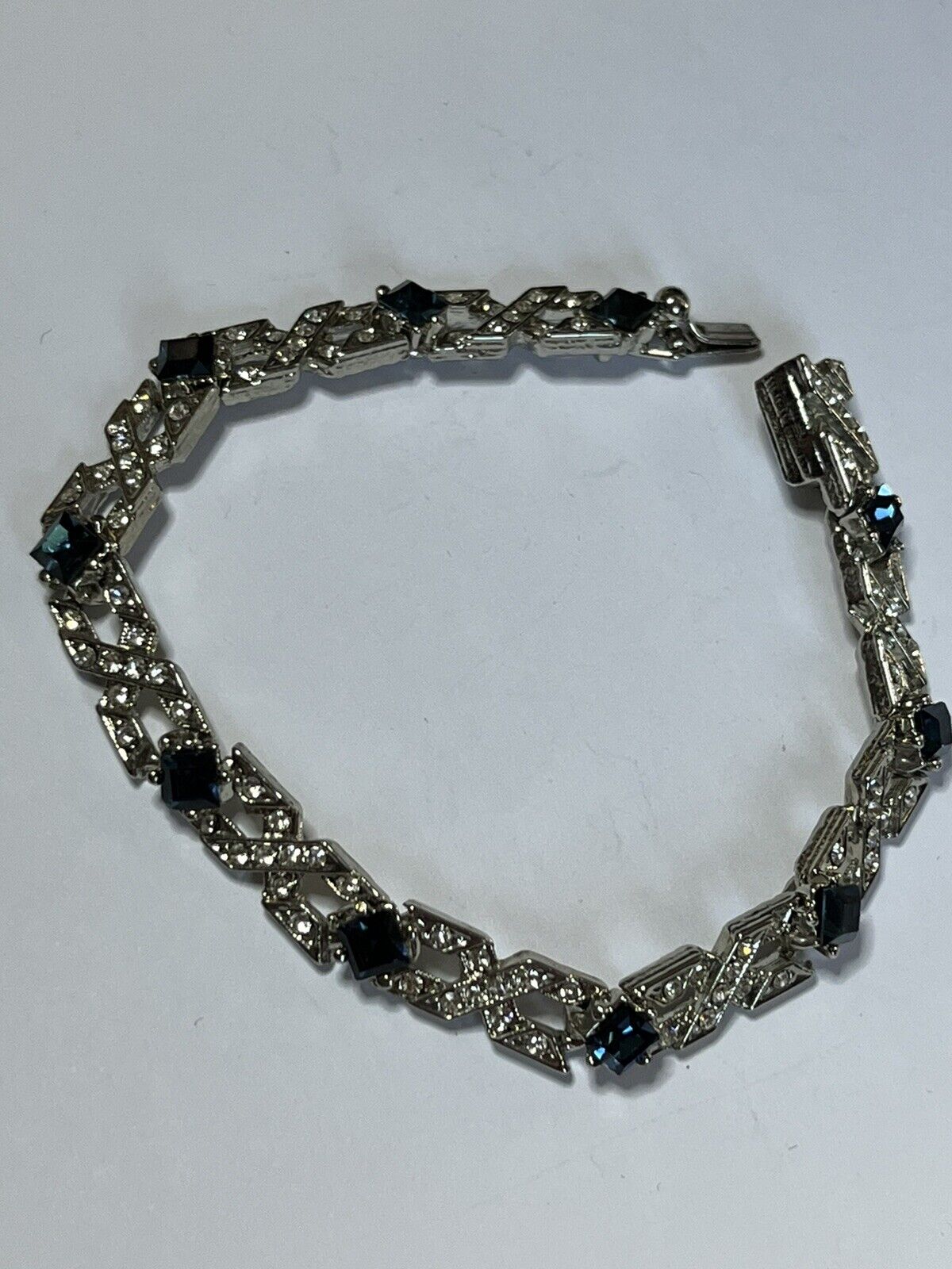 Vintage Silver Tone Clear Blue Diamanté Bracelet