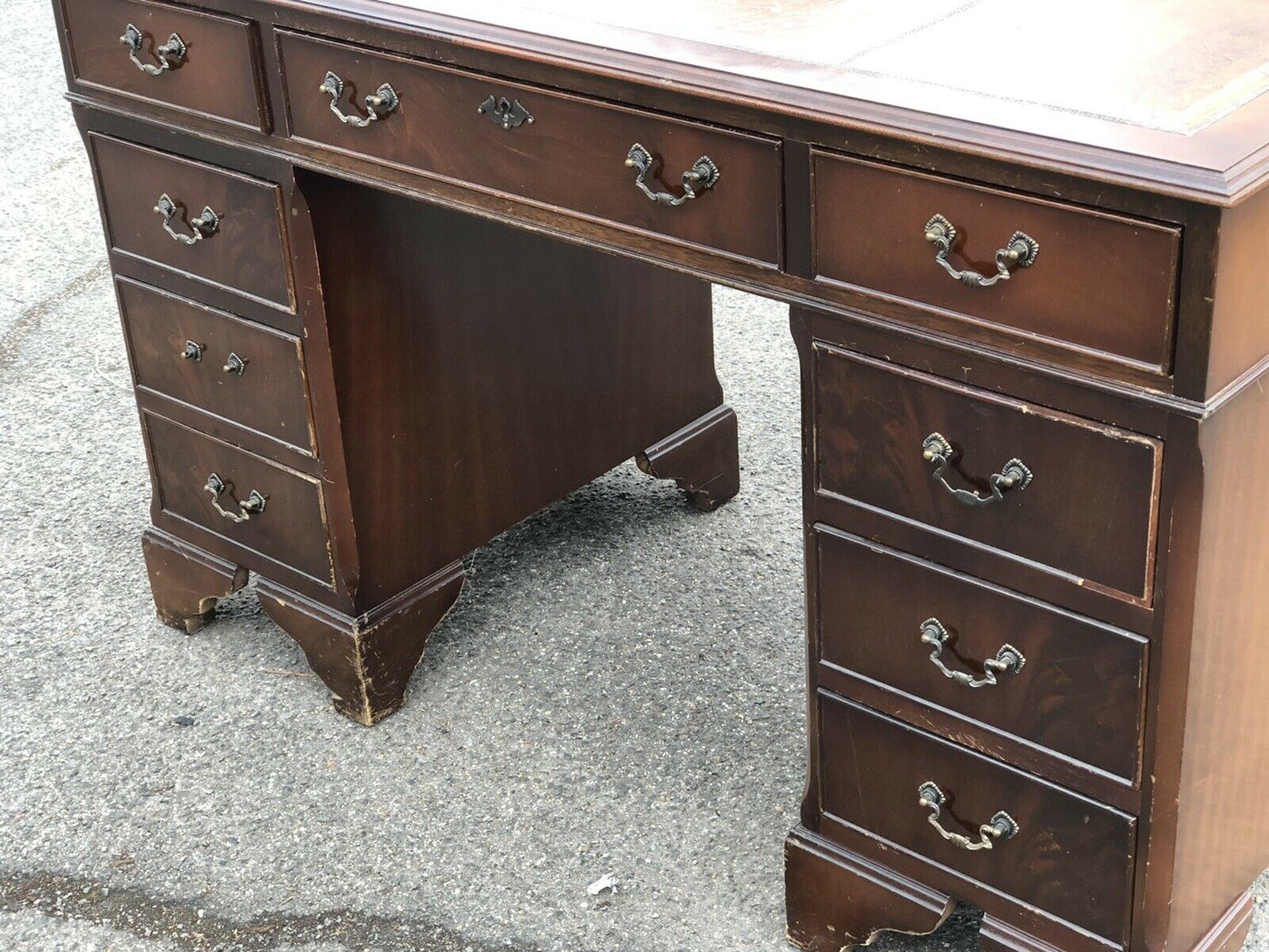 Pedestal Desk With Tan Leather Top.