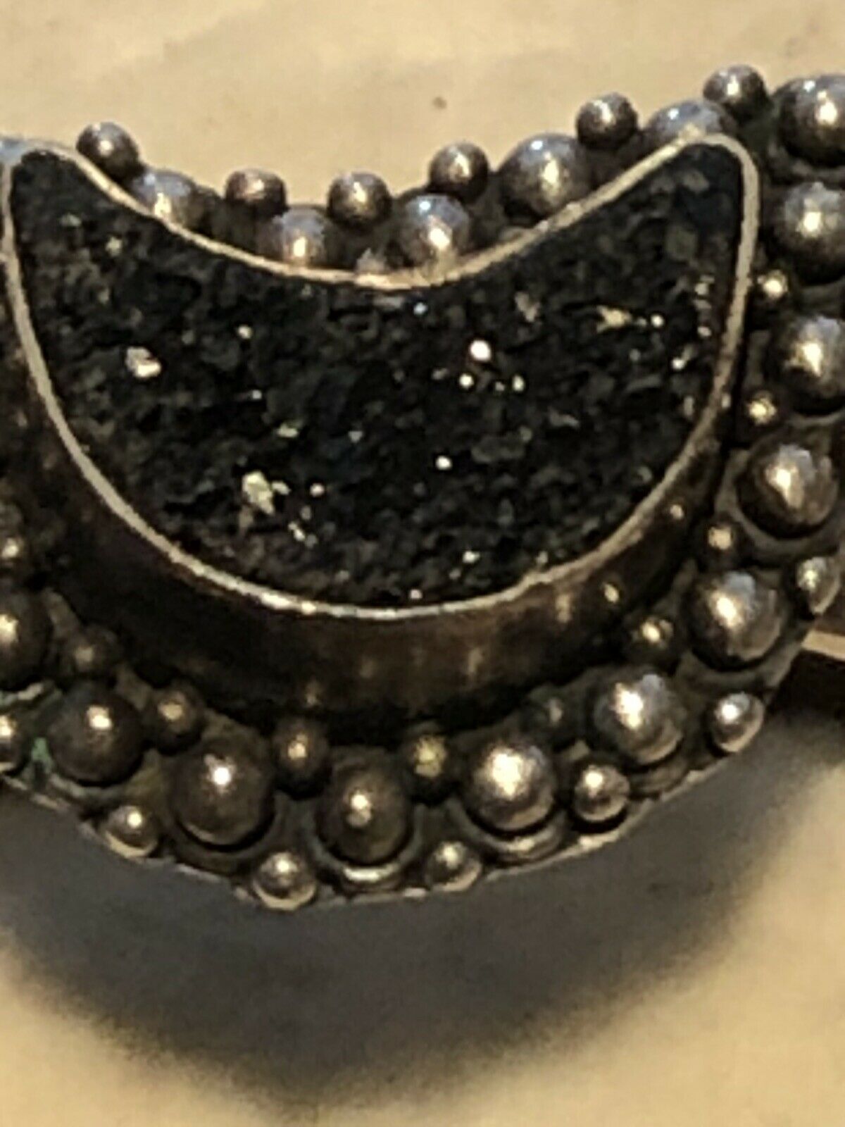 Vintage Sterling Silver Black Diamond Chip Half Moon Ring Size O