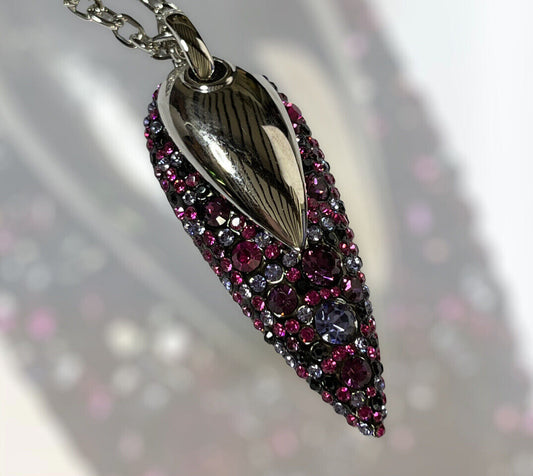 Vintage Signed 1980s Rhodium Plated Purple Crystal Teardrop Pendant Necklace