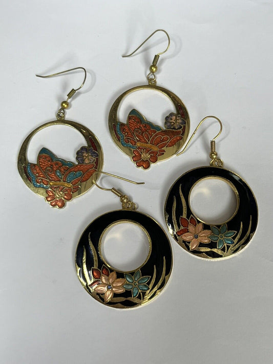 Vintage Enamel Hoop Drop Earrings Set Of Two