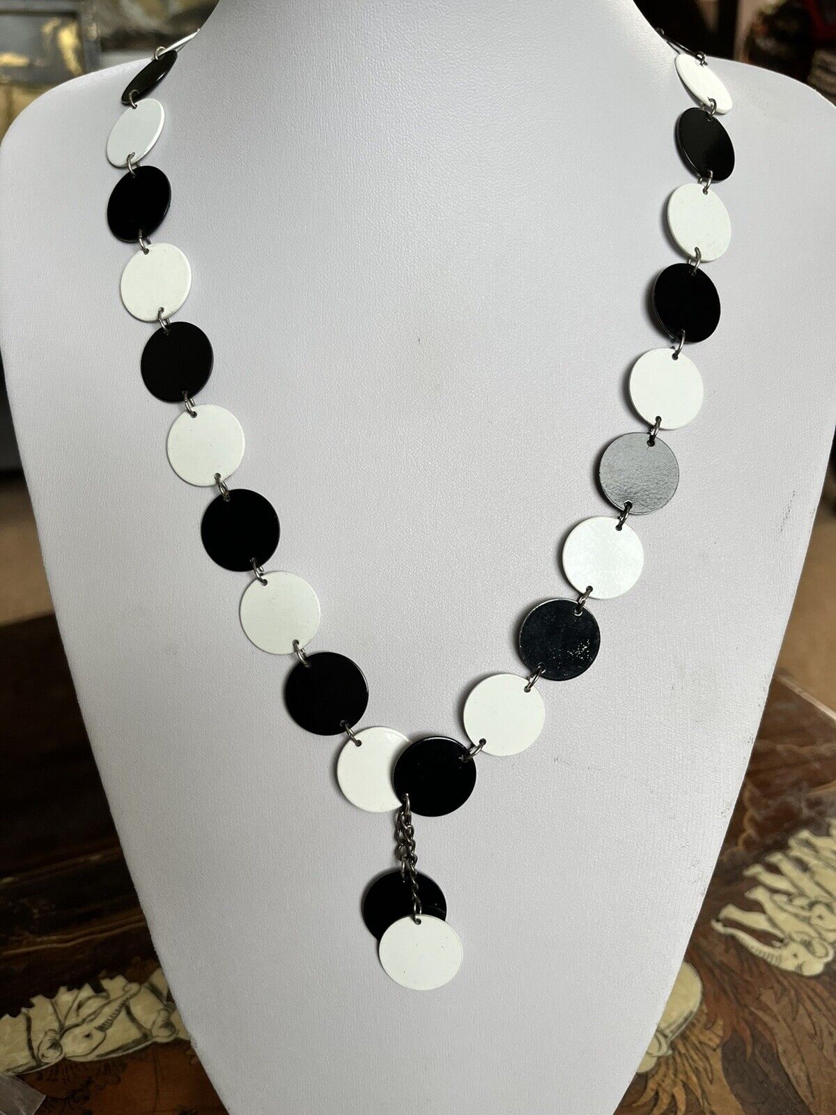 Vintage Black And White Metal Discs Long Length Necklace