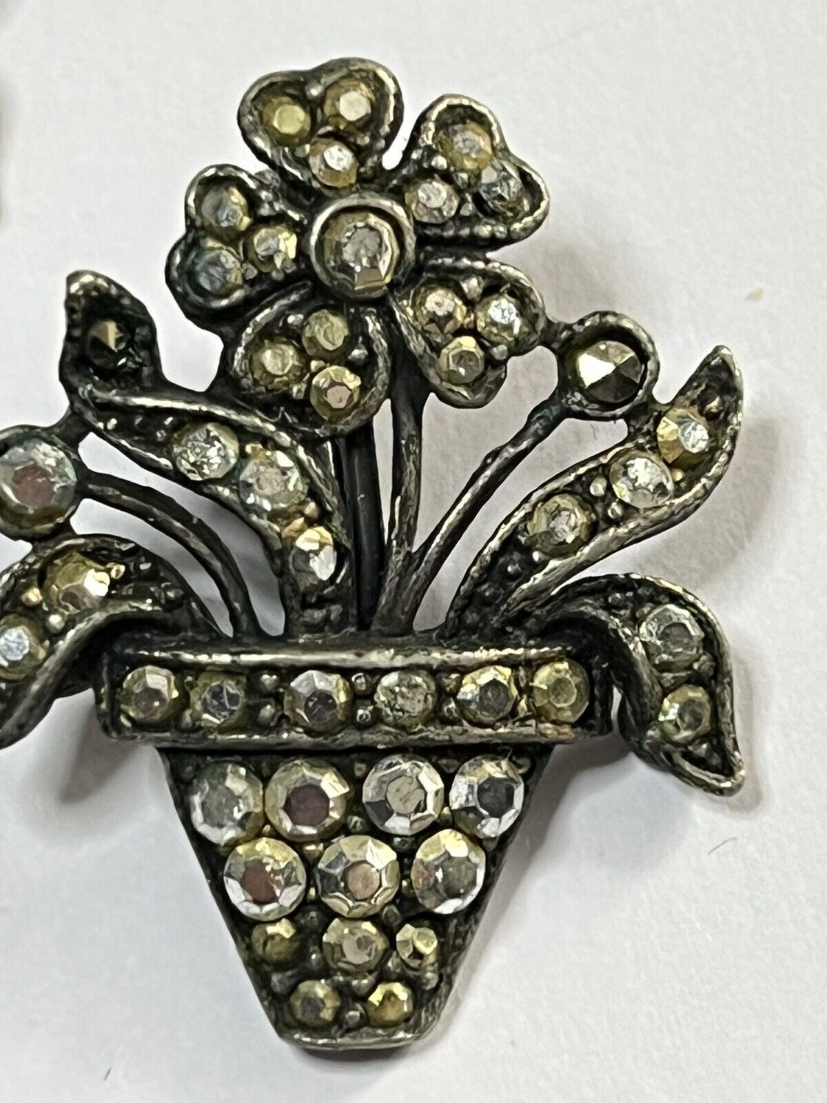 Vintage Unique Silver Tone Marcasite Flower Pot Clip On Earrings