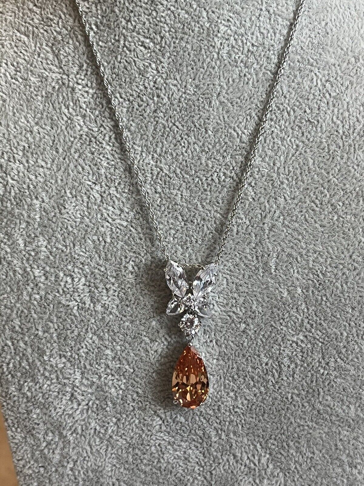Vintage 1980s Rhodium Plated Orange Teardrop Crystal Necklace New Old Stock
