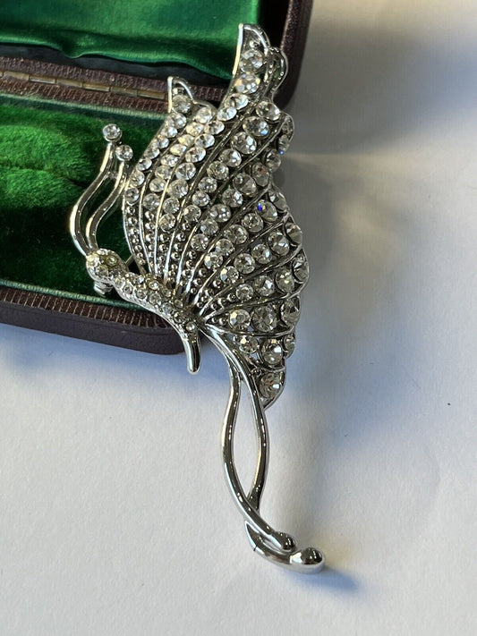 Vintage Silver Tone Diamanté Butterfly Brooch