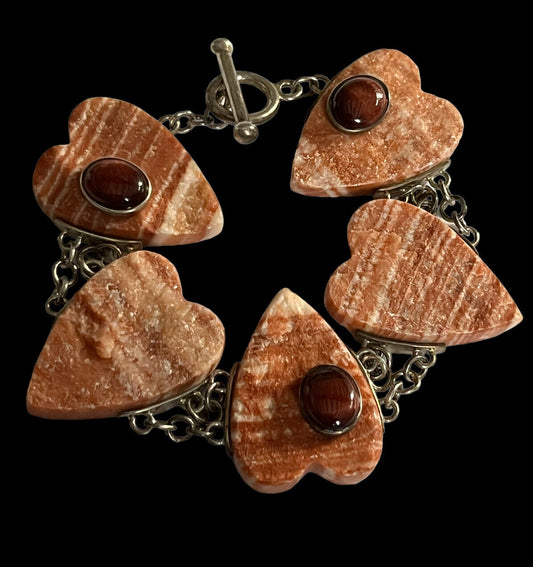 Vintage Silver 925 Natural Stone Hearts Bracelet