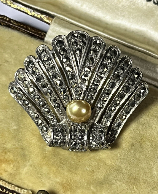 Vintage Deco Silver Tone Marcasite Faux Pearl Shell Brooch