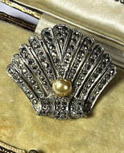 Vintage Deco Silver Tone Marcasite Faux Pearl Shell Brooch
