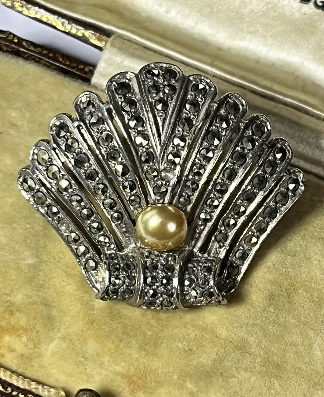 Vintage Deco Silver Tone Marcasite Faux Pearl Shell Brooch