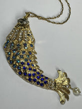 Vintage Gold Tone Blue Diamanté Fish Statement Pendant Necklace