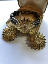 Vintage Sunburst Diamanté Gold Tone Leather Bracelet Clip On Earring Set