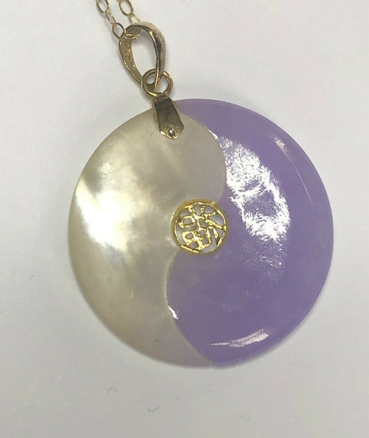 Chinese 14ct Gold Mother Of Pearl Jade Ying Yang Pendant Necklace