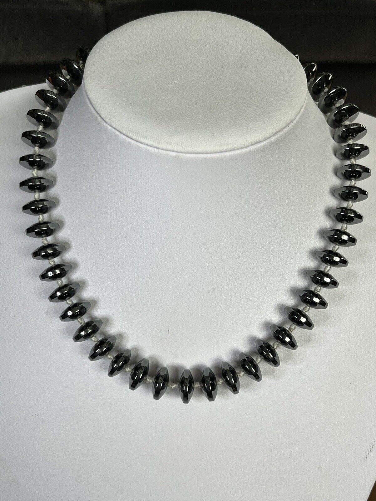Vintage Hand Knotted Hematite Silver Clasp Necklace