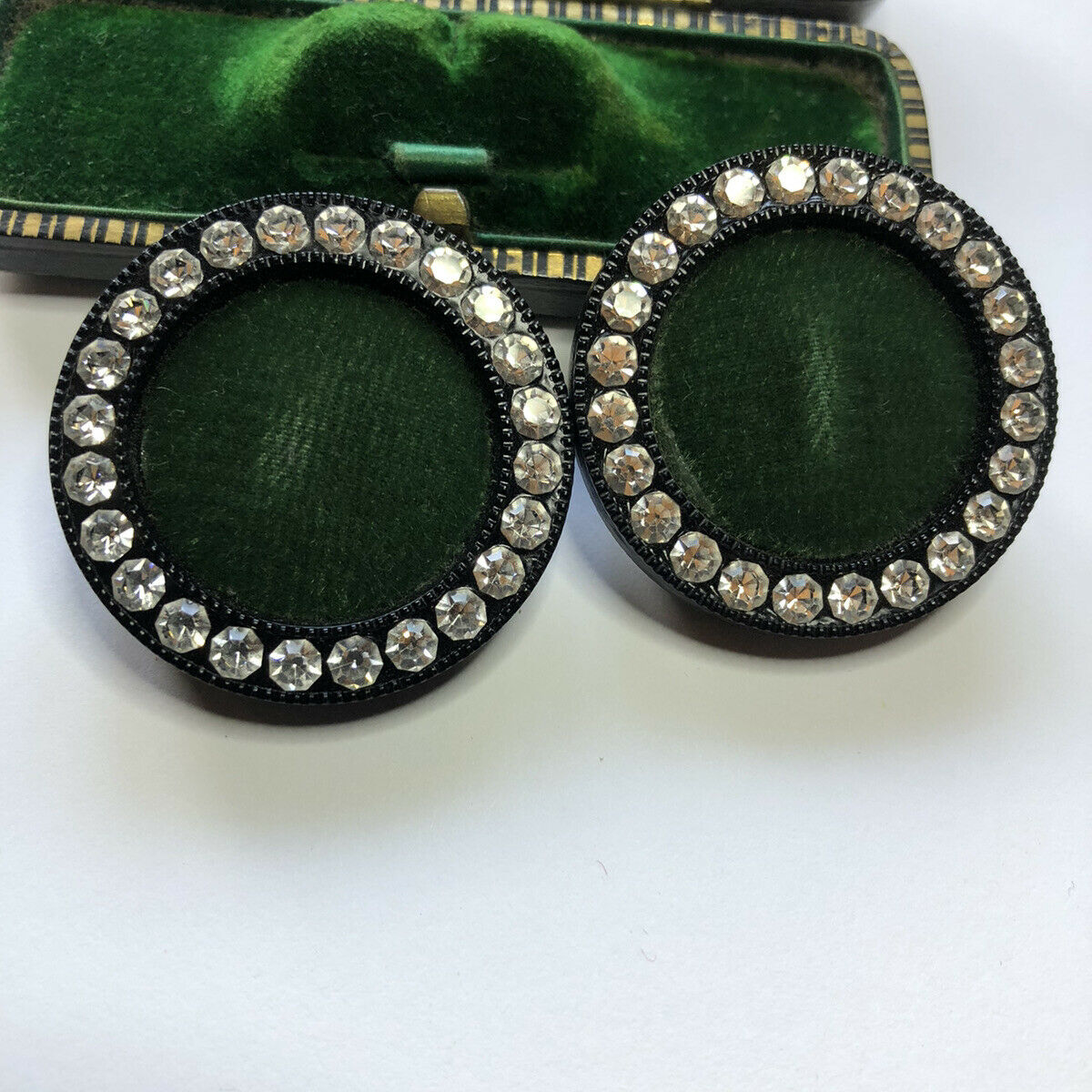 Vintage Signed Green Velvet Diamanté Clip On Earrings