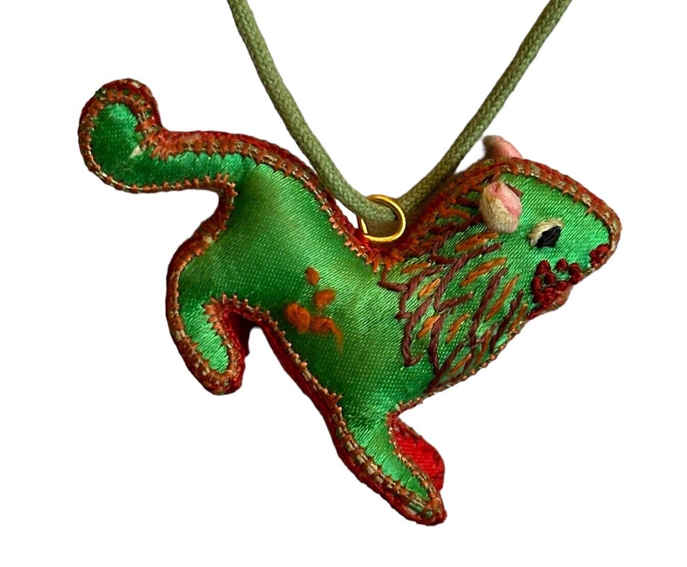 Vintage Green Silk Lion Pendant Necklace