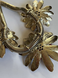 Vintage Statement 1980s Gold Tone Red Flowers Necklace