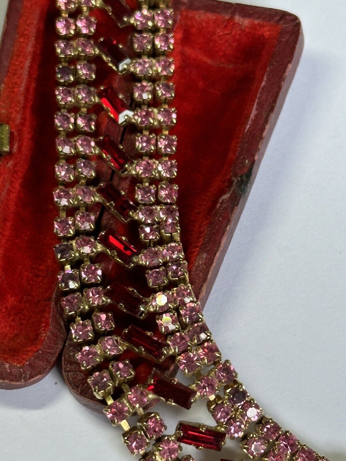 Vintage Pink Red Czech Crystal Metal Bracelet