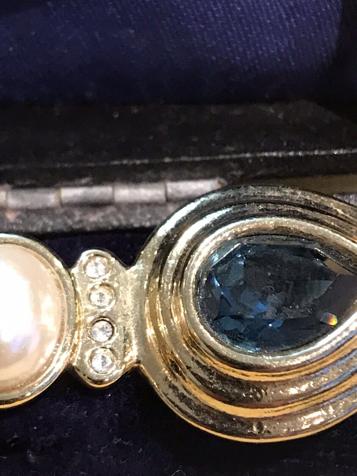 Vintage Faux Pearl Blue Diamanté Statement Brooch Designer