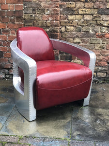 Aviators Armchair. Aluminium With Red Leather Upholstery.