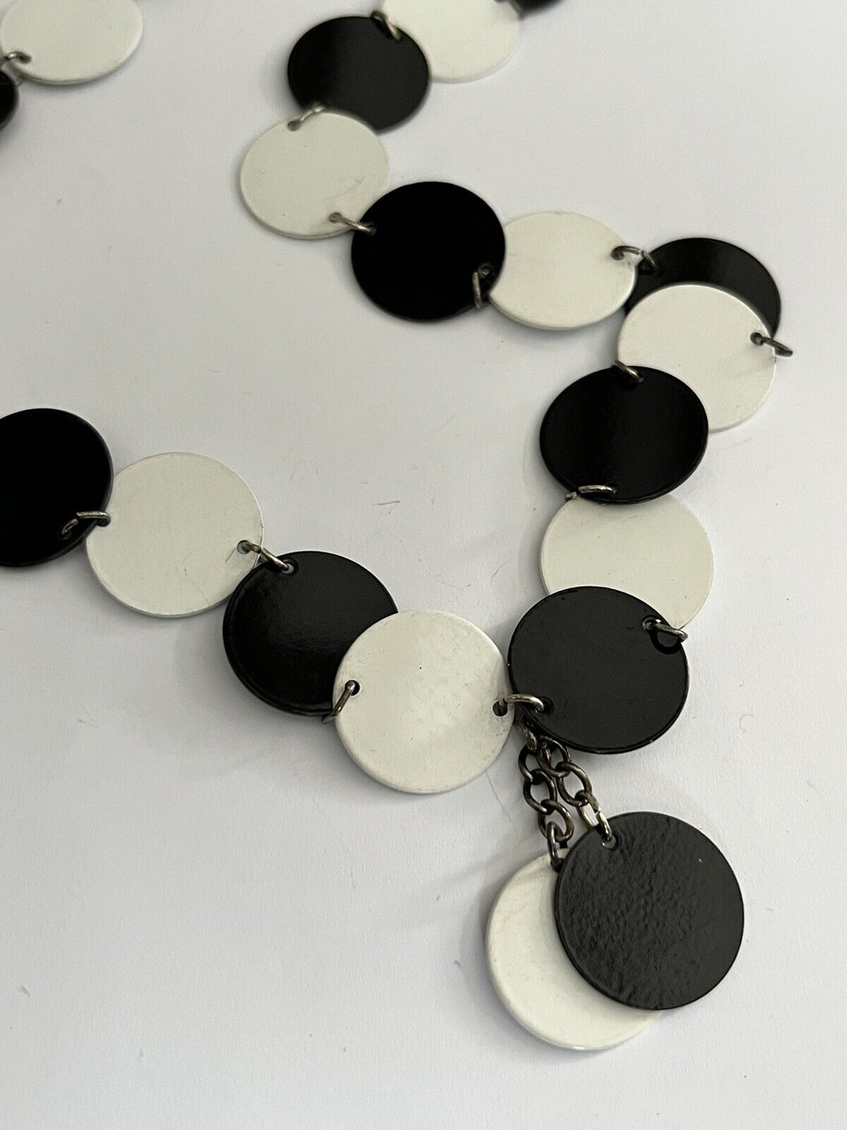 Vintage Black And White Metal Discs Long Length Necklace