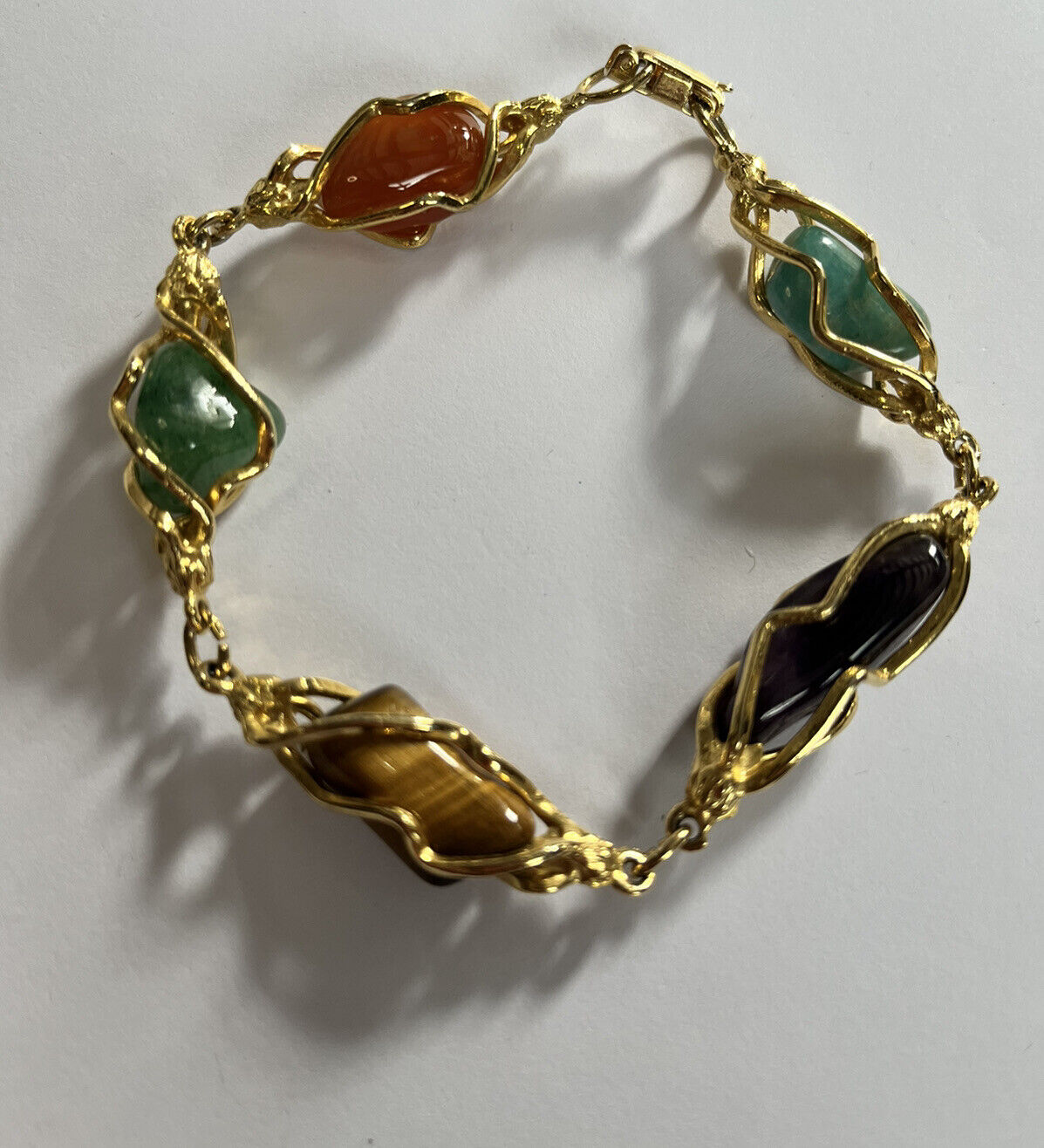 Vintage Gold Plated Natural Stone Amethyst Tigers Eye Jade Bracelet