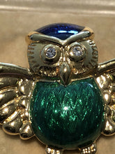 Vintage Gold Tone Diamanté Enamelled Owl Brooch