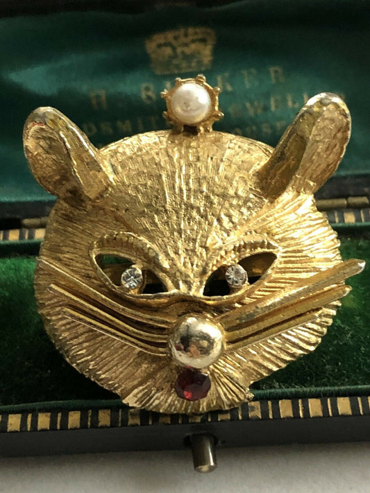Vintage Gold Tone Diamanté Faux Pearl Cat Brooch