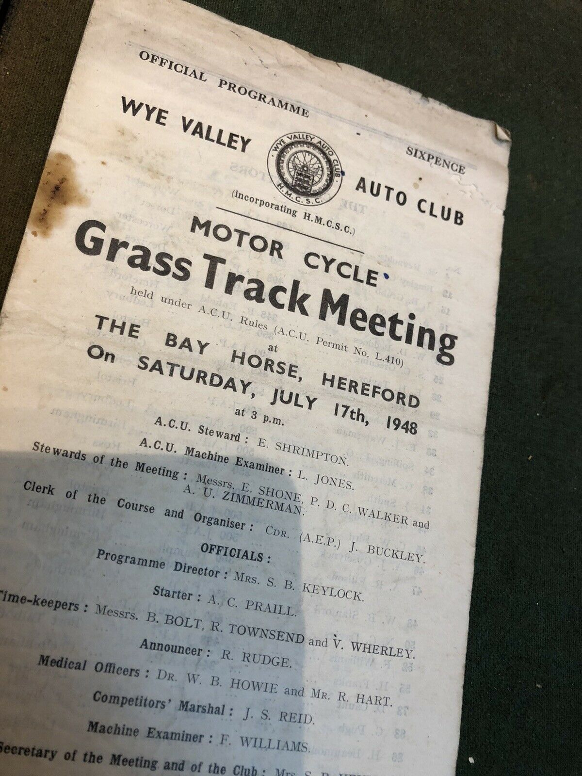 1948 Wye Valley Grass Track Meeting Motor Cycle Programme. Hereford