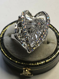 Vintage Rhodium Plated 3D Heart Cubic Zirconia Statement Ring